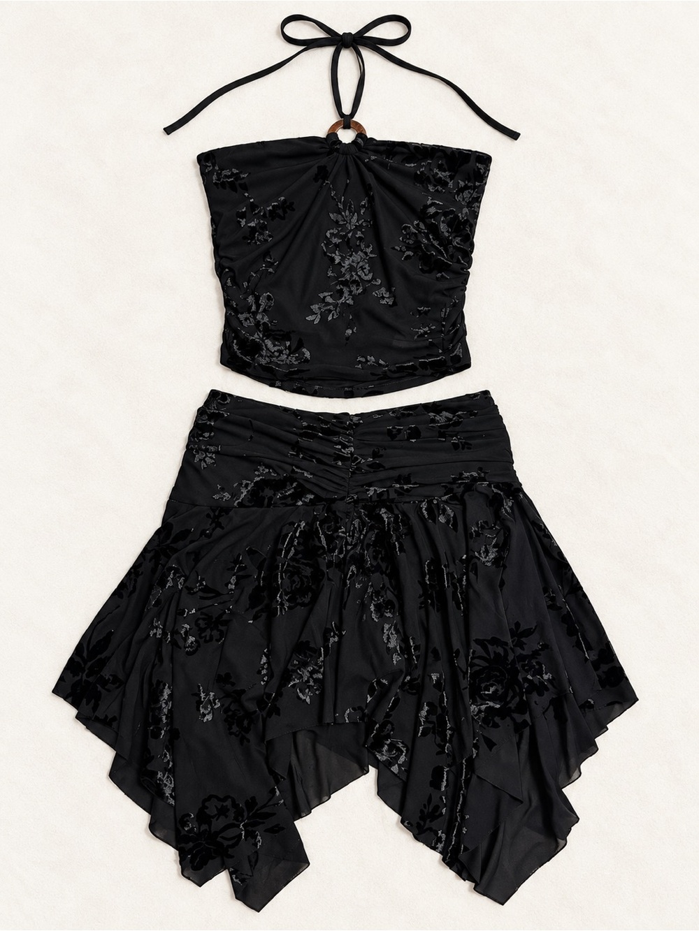 Urban Revivo Black Velvet Floral Halter Top & Asymmetrical Skirt Set XS
